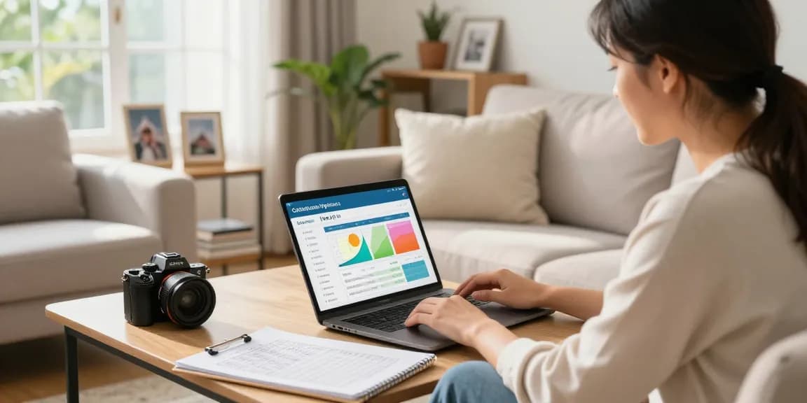 Couple using a calculadora hipoteca online in a bright living room for mortgage planning.