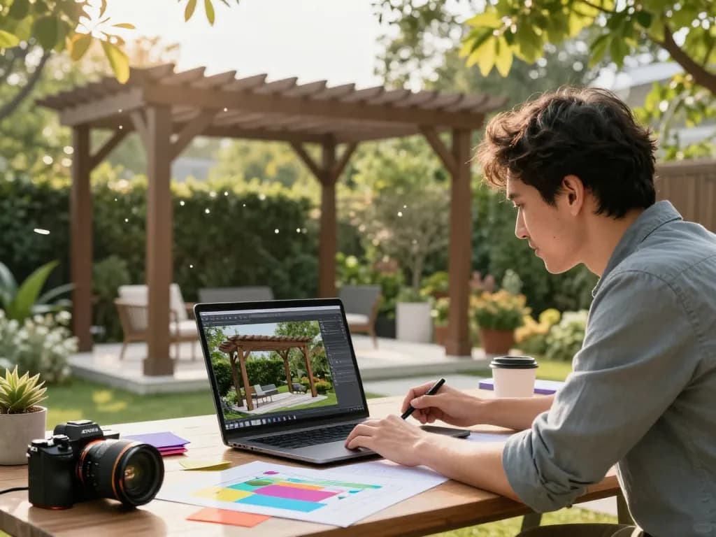 Diseñador utilizando un configurador de pérgolas 3D para crear una pérgola personalizada en un jardín exuberante