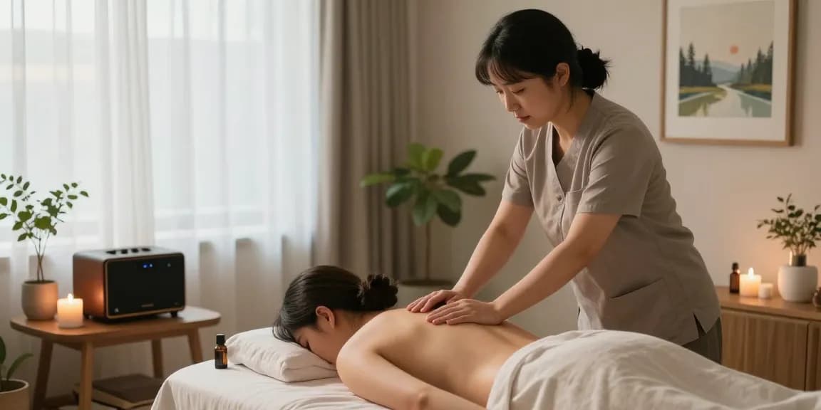 Relaxing 동탄출장마사지 therapy session with calming ambiance, soothing therapist, and essential oils.