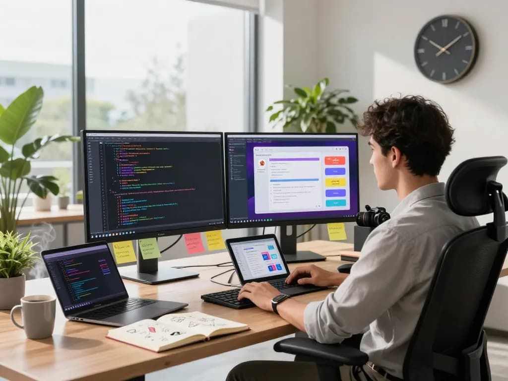 Developer creating spicy AI interactions in a modern tech workspace with dual monitors and creative notes.