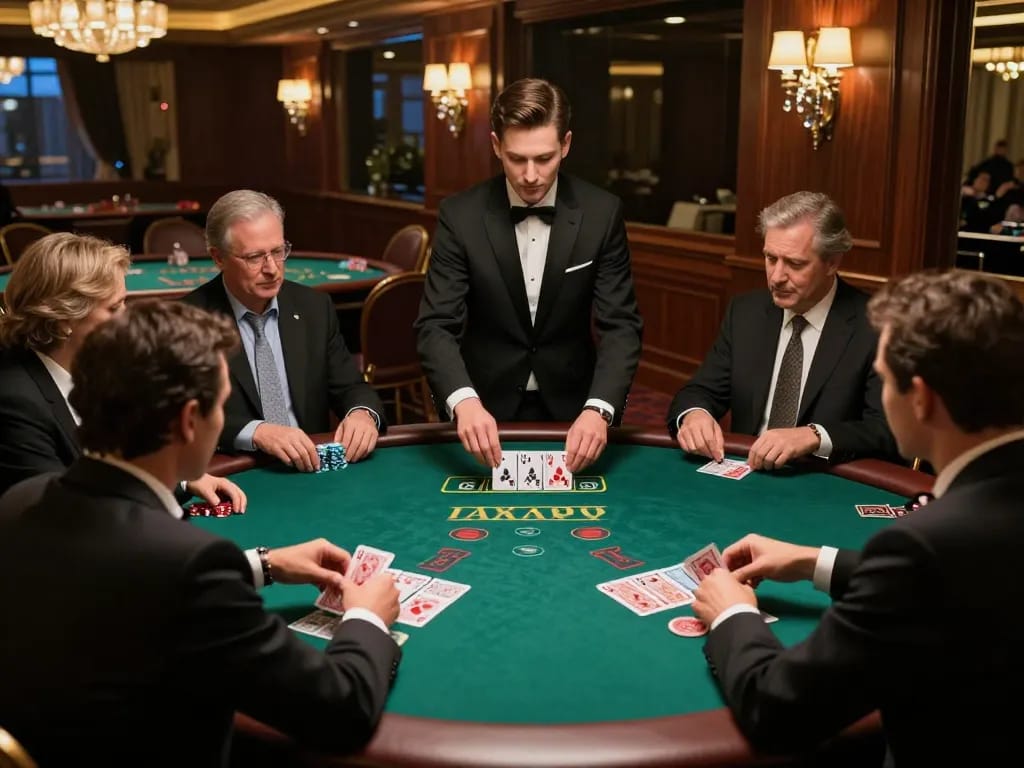 Watch players strategize their bets at nk88net's high-stakes blackjack table inside a luxurious casino