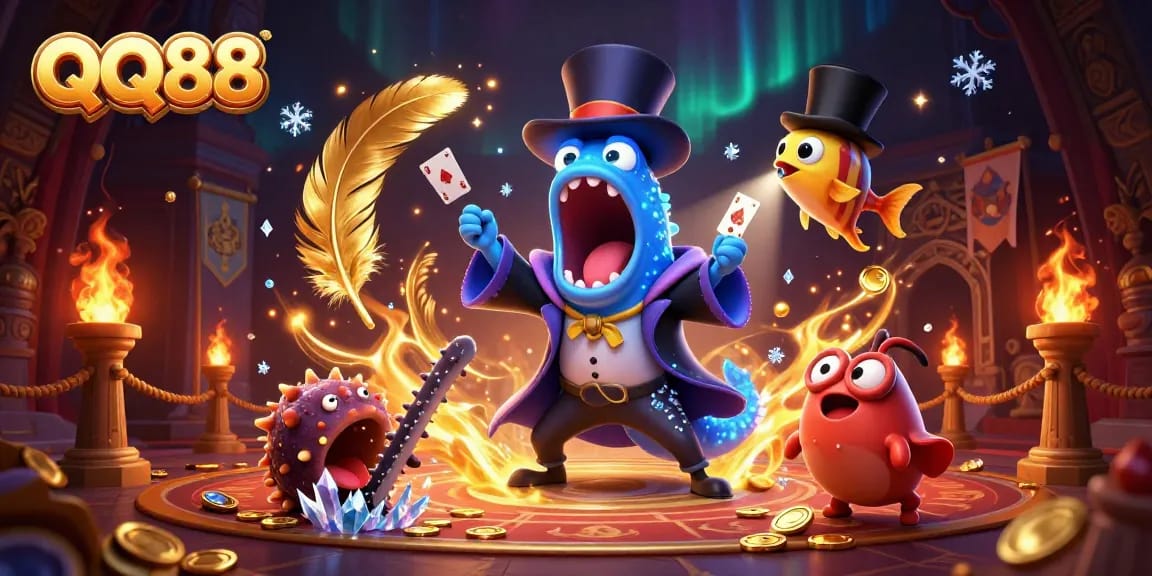 Experience thrilling magic at QQ88 with 3D cartoon sea creatures performing captivating tricks under a shimmering aurora.
