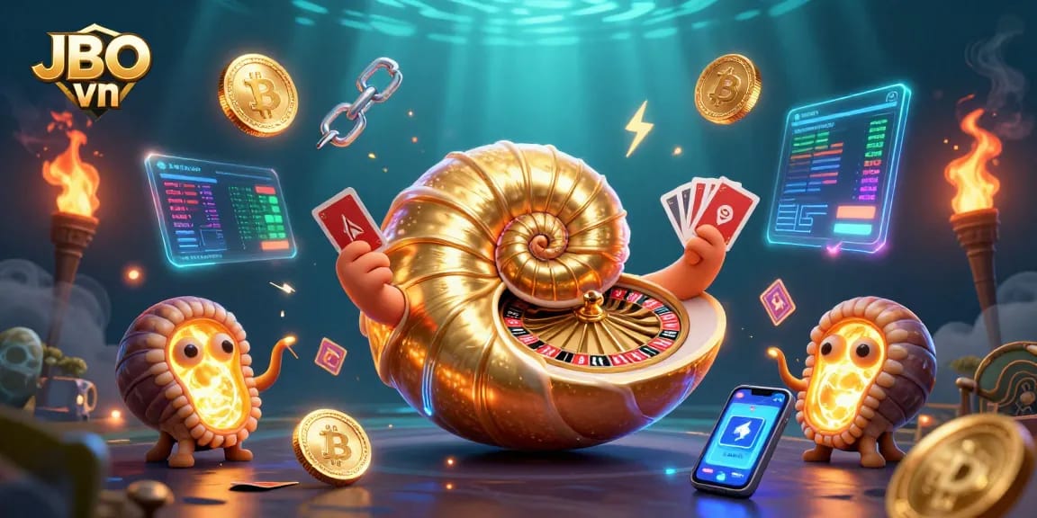 Engage with JBO vn's vibrant casino scene showcasing a nautilus, roulette wheel, and crypto elements.