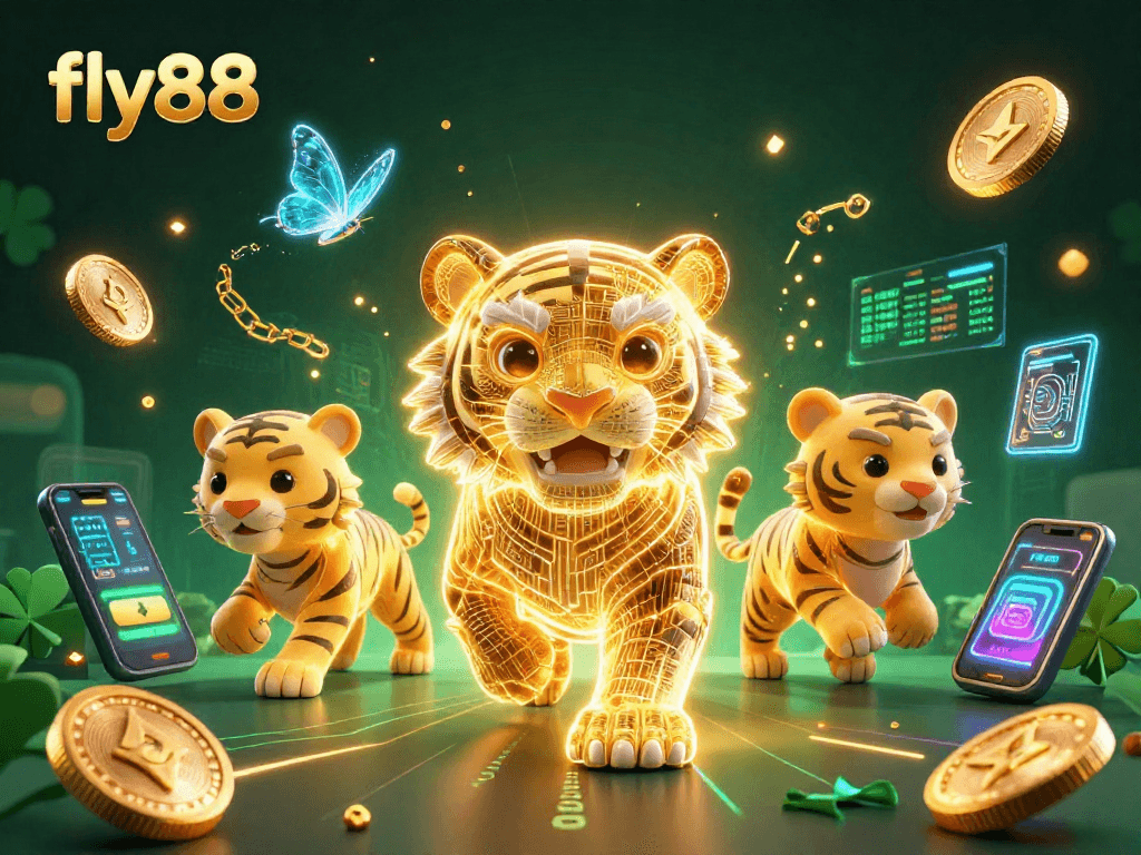 Experience the excitement at fly88 with vibrant neon elements in a dynamic casino atmosphere.