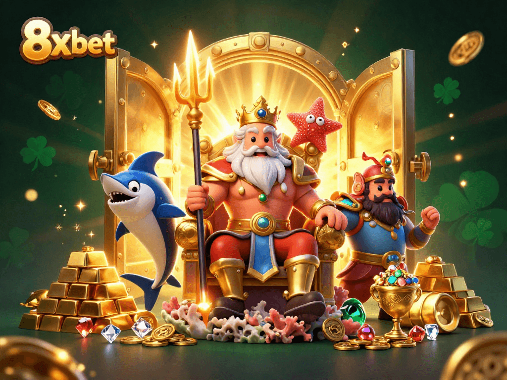 Experience thrilling adventures at 8x bet with Neptune and treasure motifs in a captivating casino scene.