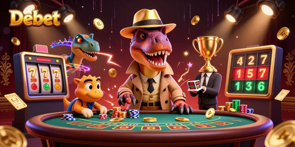 Experience exciting gameplay with Debet in a vibrant casino scene featuring cartoon dinosaurs.