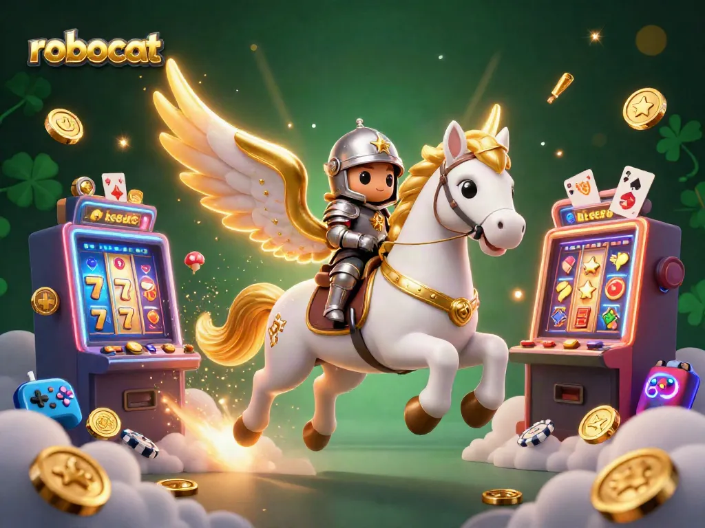 Robocat engages players with colorful slot machines, chasing wins in a vibrant casino environment.