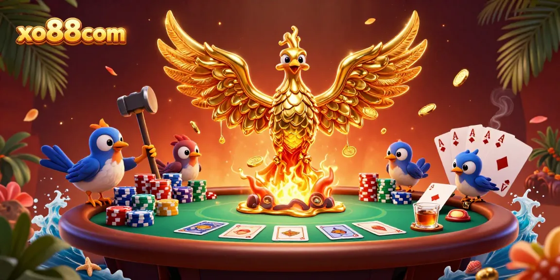 Experience thrilling gameplay at xo88com with a molten metal phoenix and vibrant poker elements.