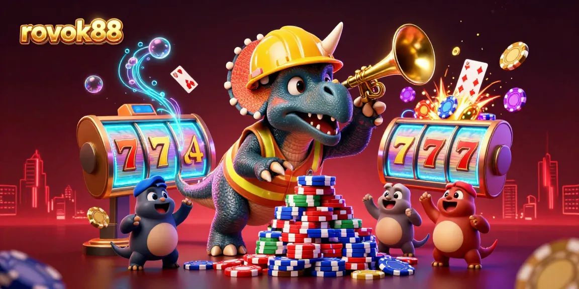 Experience the excitement of rokok88 with triceratops and friends celebrating at a dynamic casino scene.