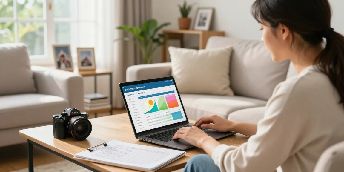 Couple using a calculadora hipoteca online in a bright living room for mortgage planning.