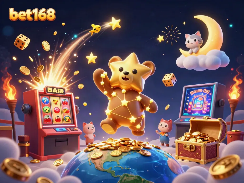 Experience thrilling gameplay with bet168's vibrant casino scene featuring a constellation bear and jackpot elements.