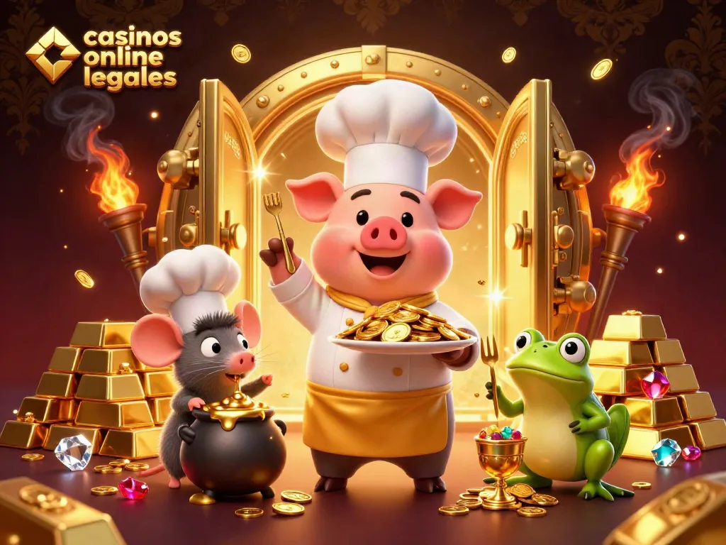Ilustración de casinos online legales con un chef cerdo y elementos de oro que destacan en el juego.