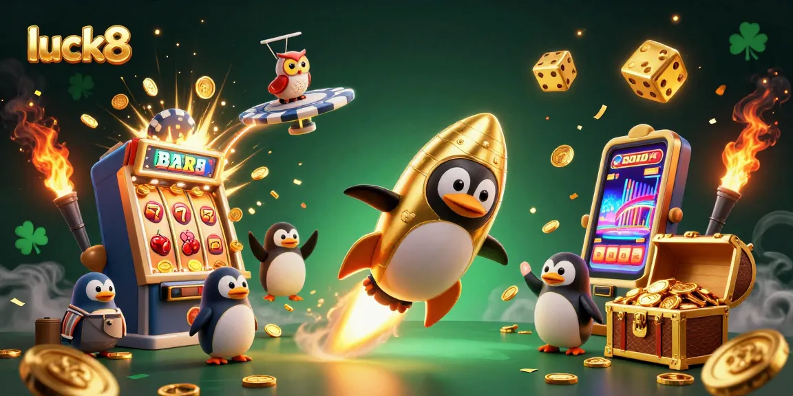 Experience the luck8 thrill with a golden penguin racing towards a vibrant casino spaceship amidst a burst of excitement.