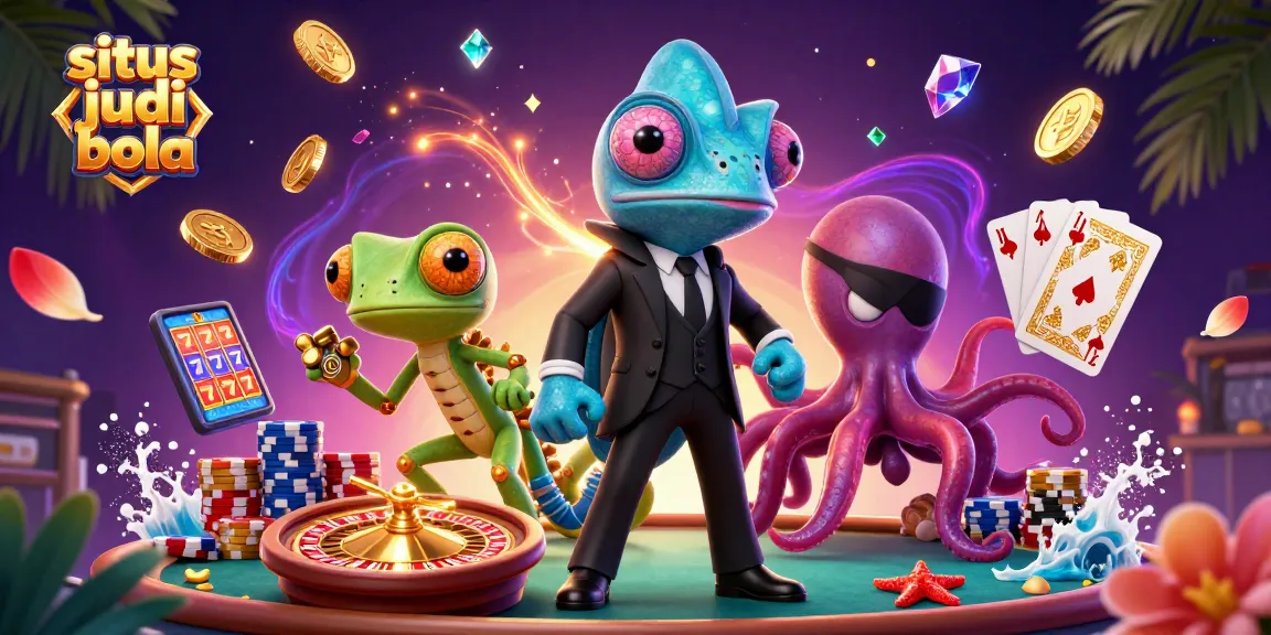 Situs judi bola menampilkan agen chameleon, gecko cerdas, dan lusinan uang emas dalam suasana yang dinamis