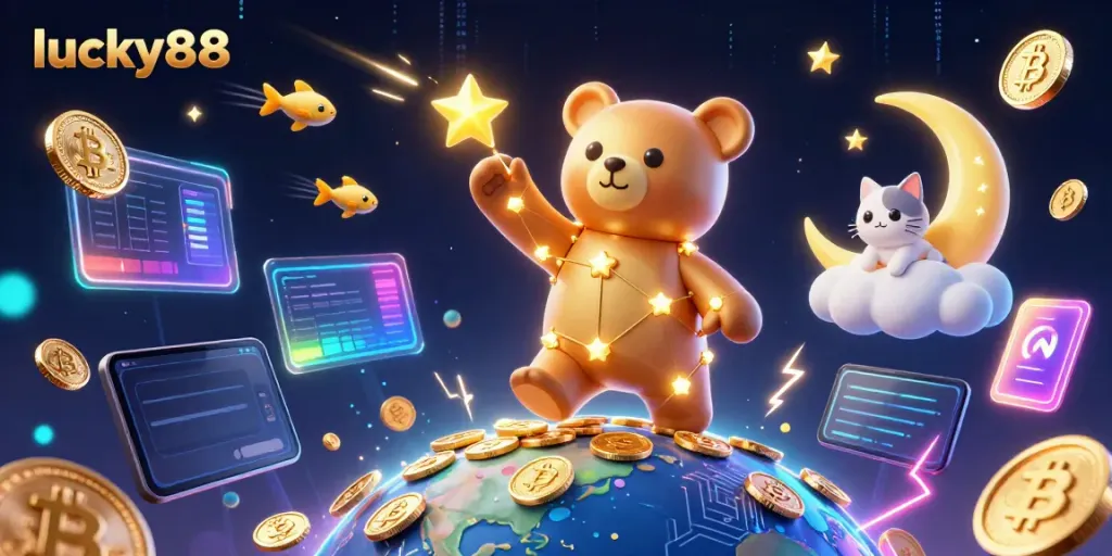 Experience the thrill of lucky88 with a cosmic bear collecting coins in a vibrant casino scene.