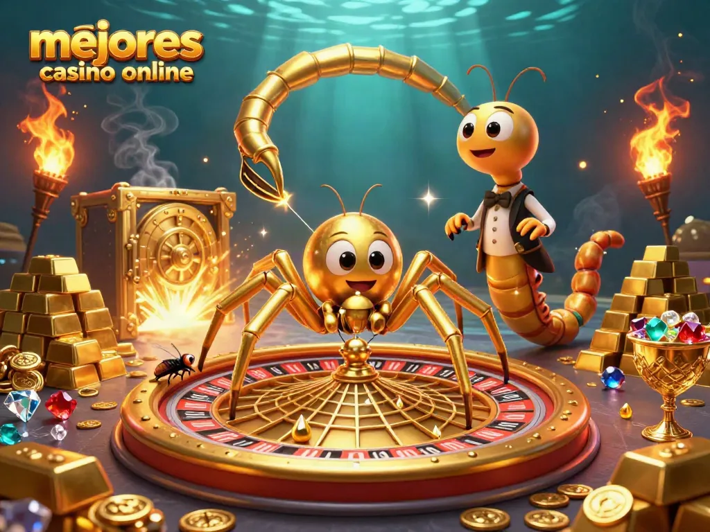 Los mejores casinos online presentan una escena vibrante con una araña dorada y un croupier ciempiés.