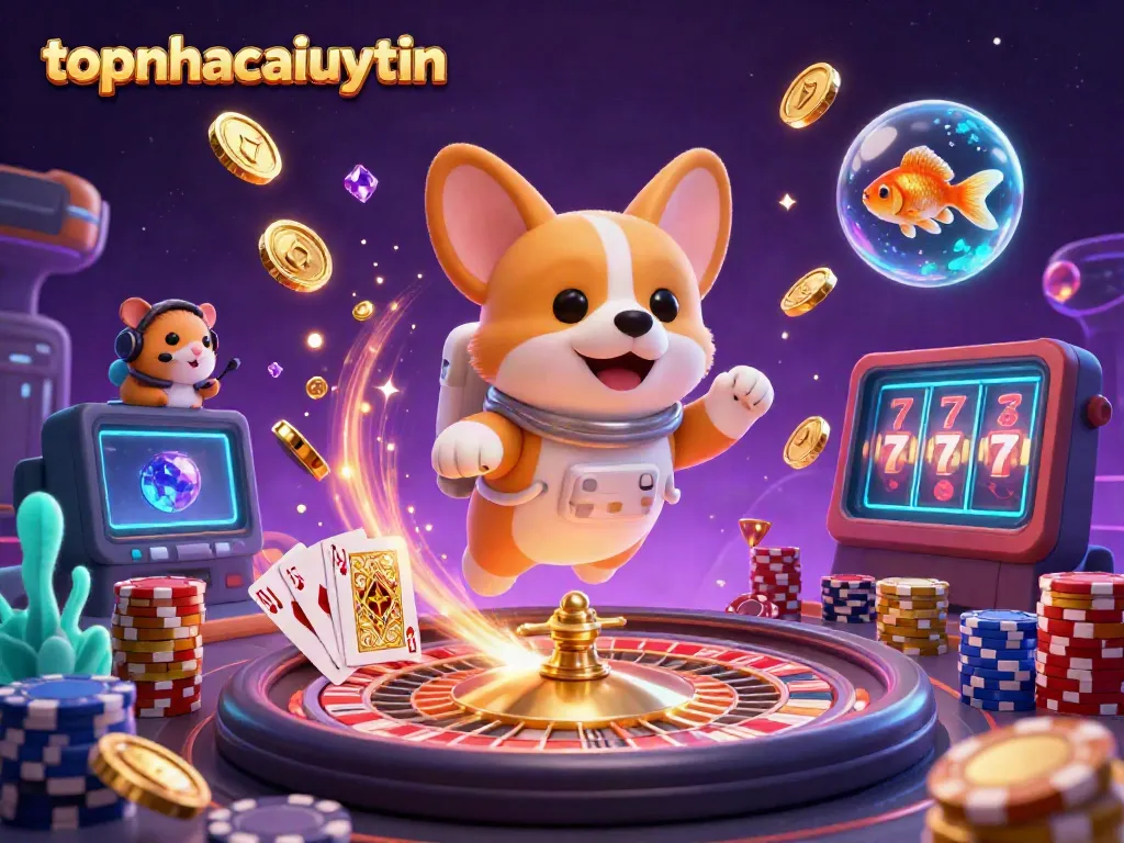 topnhacaiuytin showcases a vibrant space casino with an astronaut corgi and floating coins.