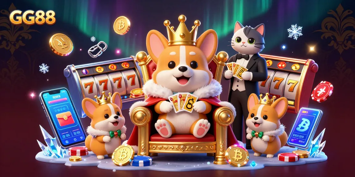 Engage with GG88's royal corgi on a jackpot throne amidst vibrant slot game elements.