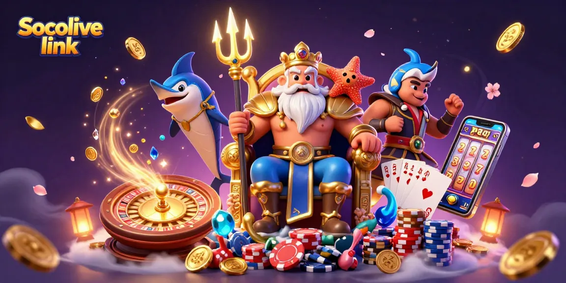 Experience the Socolive link with vibrant casino elements and dynamic characters in 3D illustration.