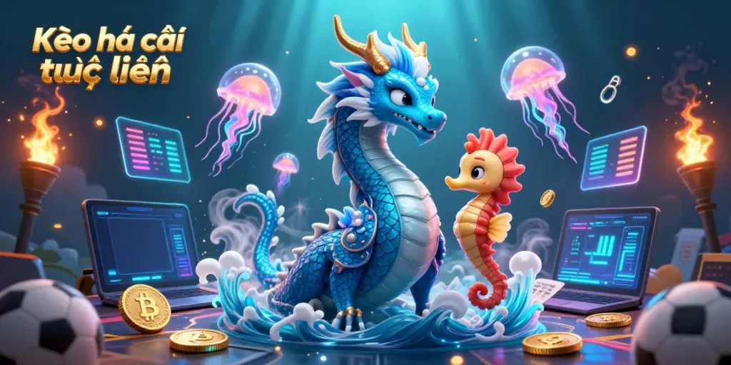 Experience thrilling sports betting with Kèo nhà cái trực tuyến, featuring vibrant characters and neon elements.