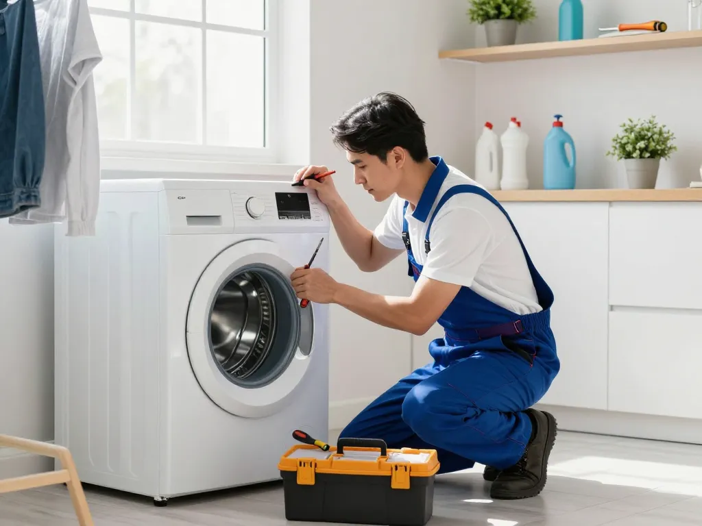 Servicios a domicilio mostrando a un técnico reparando una lavadora en una luminosa lavandería, destacando la comodidad y el profesionalismo.