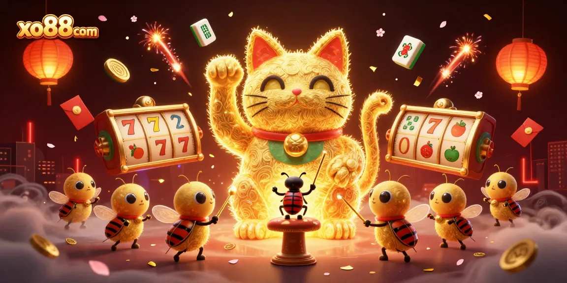 Play at xo88com to win with vibrant casino symbols and dynamic lucky cat elements.