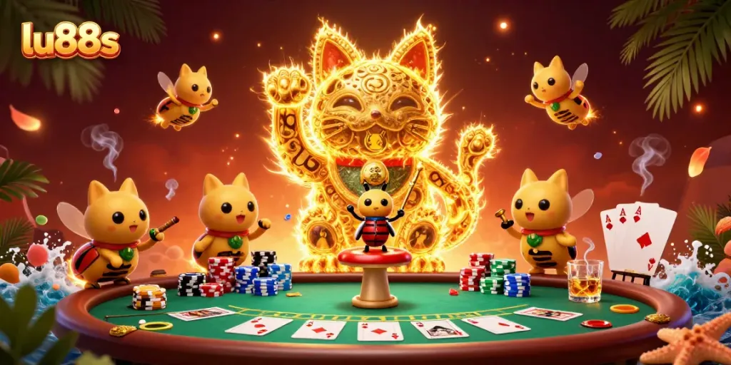 Experience exciting gameplay at lu88s with a vibrant scene of a lucky cat made of fireflies and casino elements.