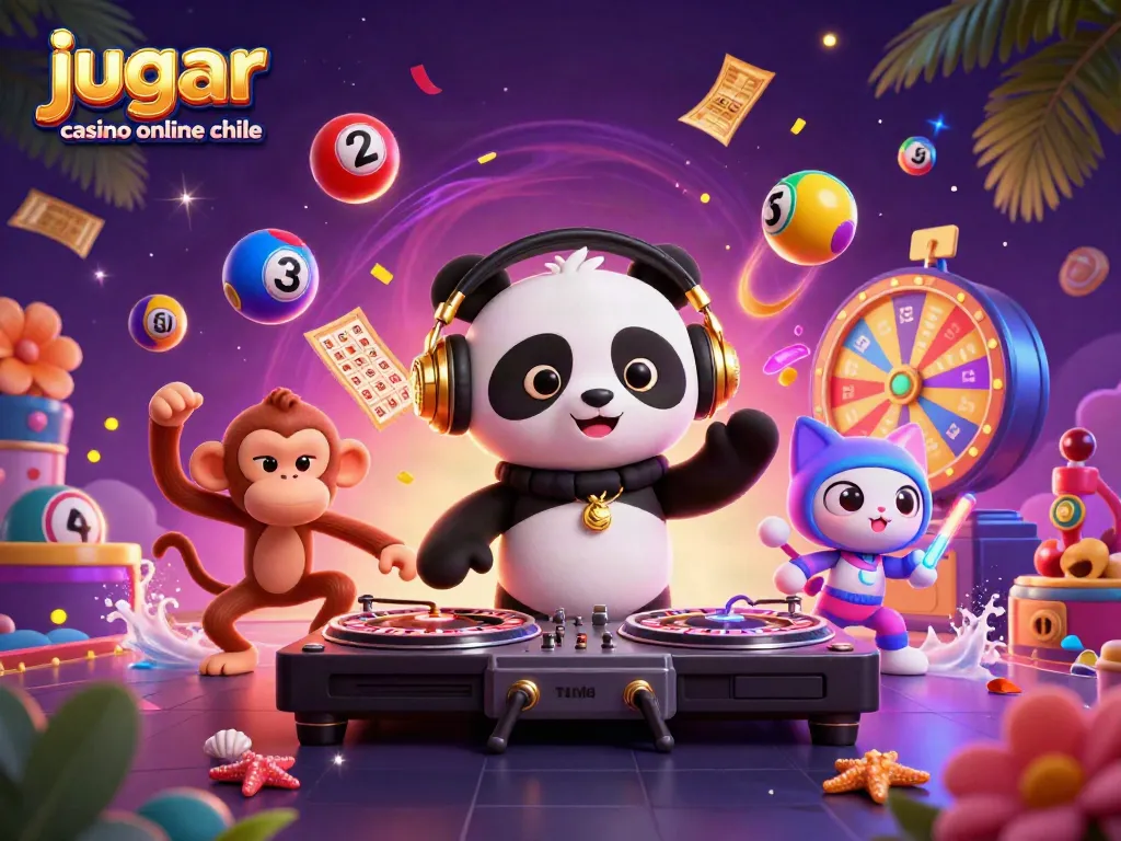Jugar casino online Chile con un panda DJ y personajes divertidos en 3D. Disfruta la fiesta del juego.