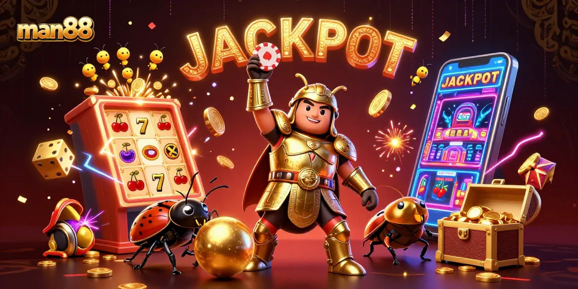 Experience man88's jackpot thrill with a 3D cartoon scene of winning beetles and casino elements.
