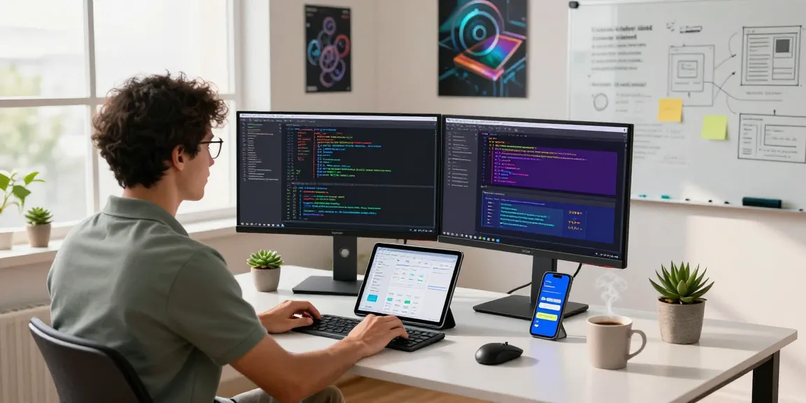 Developer at a modern workspace showcasing the WPS Official Website tools for productivity.