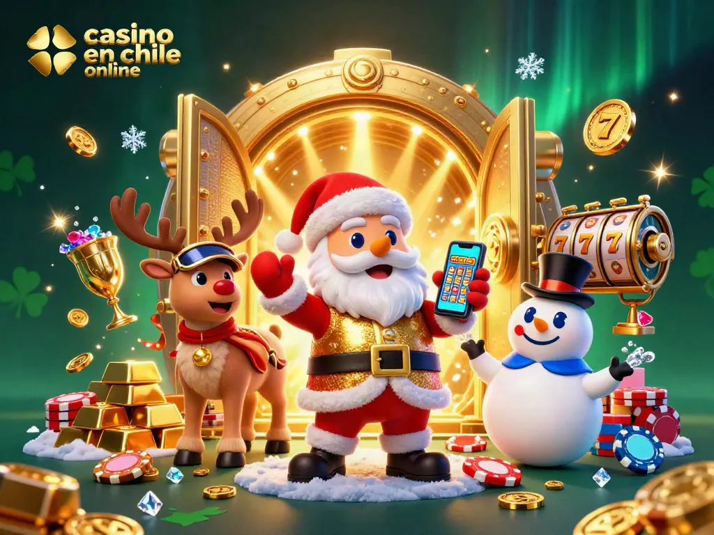 Disfruta de un emocionante casino en línea en Chile, con Santa Claus y su equipo rodeados de tesoros y juegos de azar.