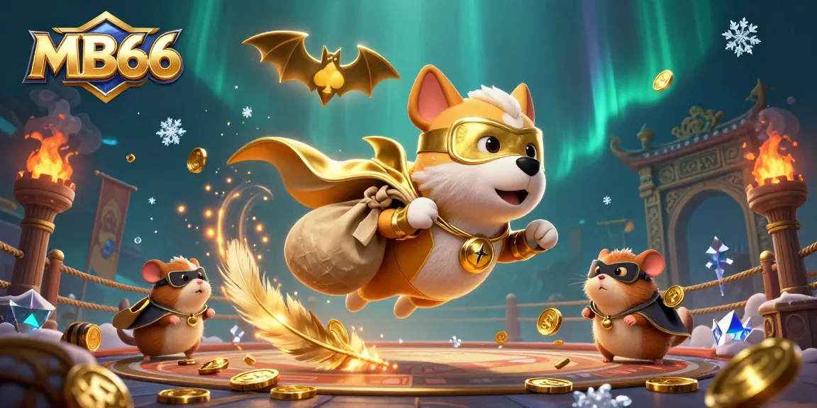 Experience the thrilling action of MB66 casino with a superhero dog and golden coins.