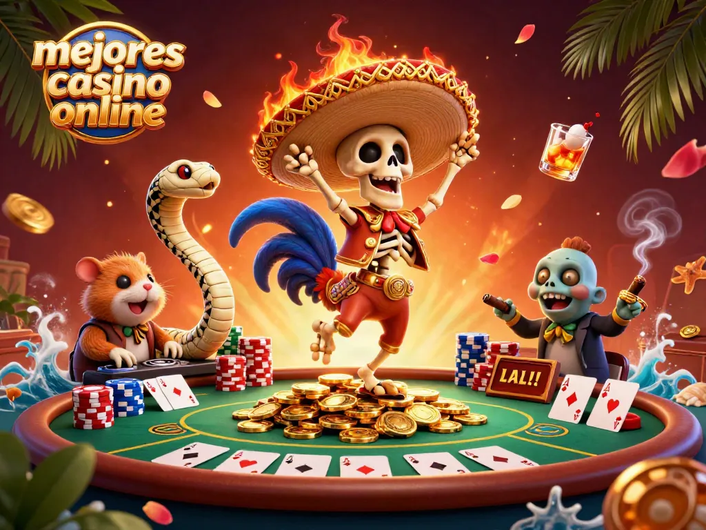 Juega en los mejores casino online con un esqueleto mariachi y un DJ hamster rodeados de fichas y cartas.