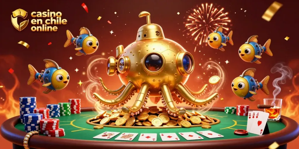 Juega en casino en línea en Chile con el submarino kraken y montones de fichas de póker.