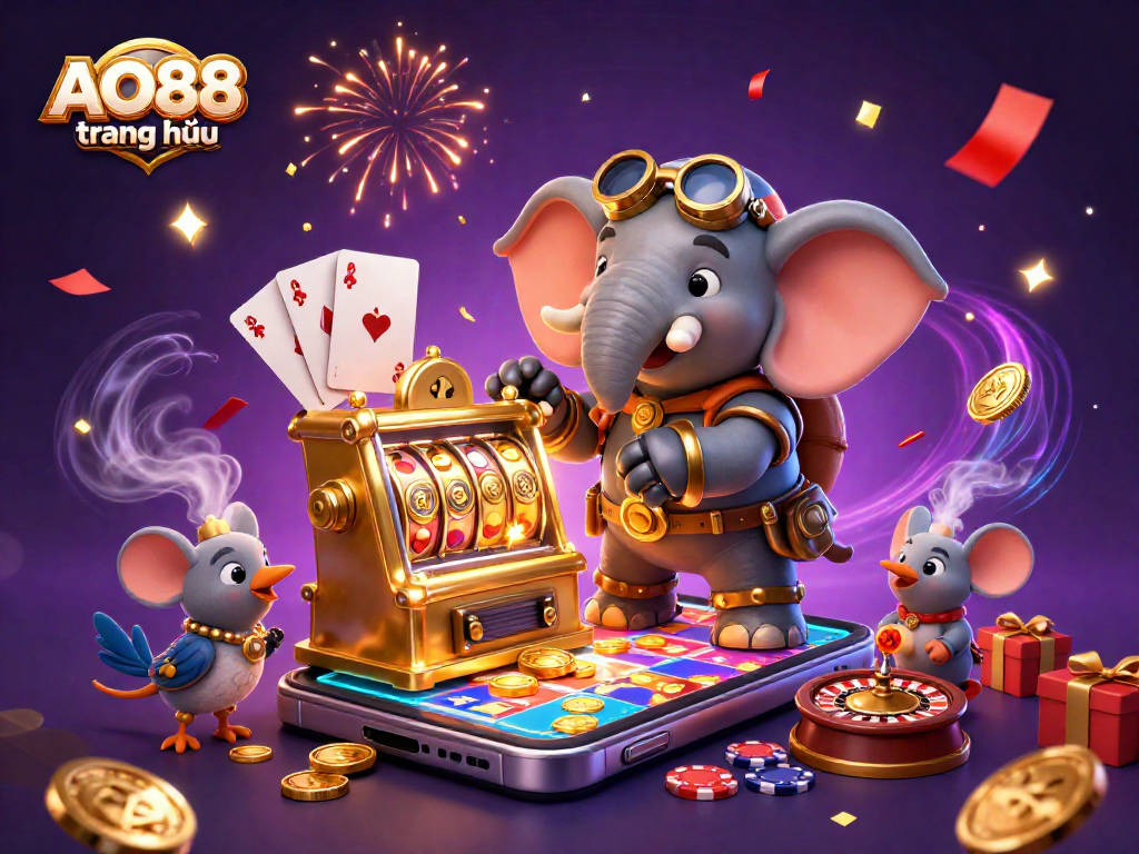 Spin slots and win prizes at AO88 trang chủ with festive casino elements and exciting characters.