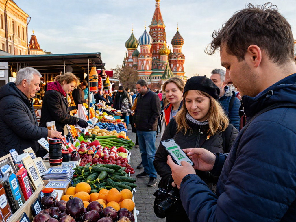Pago en Rusia usando https://payinrussia.com/ mientras un turista navega entre coloridos puestos de mercado.