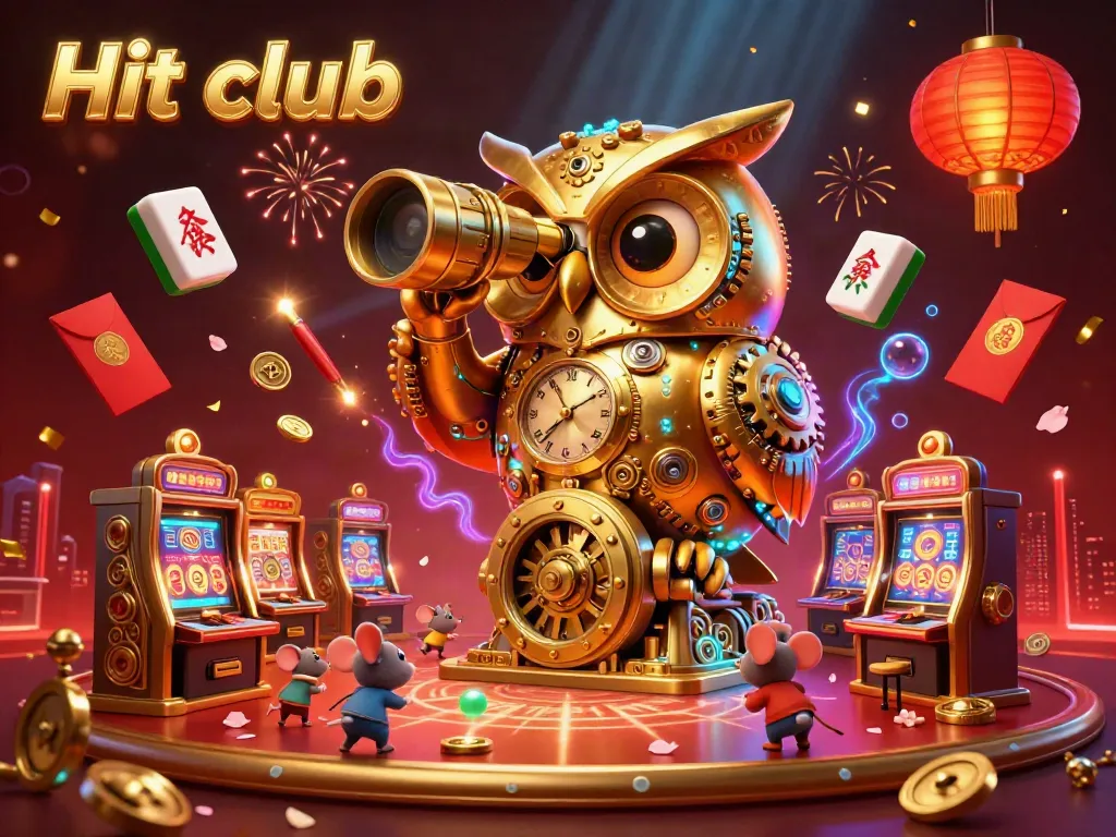 Experience thrilling wins at Hit club with a gold-themed casino illustration featuring playful characters.