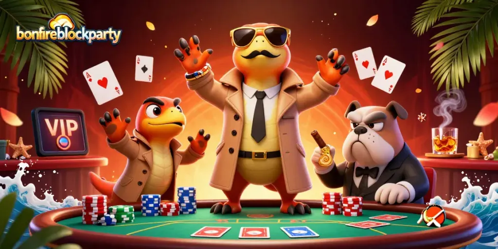 Engage in the vibrant bonfireblockparty scene with raptors at a poker table in a dynamic casino setting.