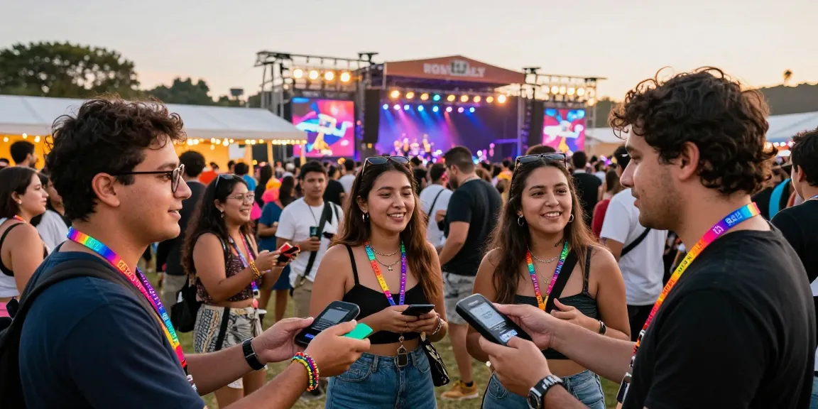 Attendees at a festival wearing pulseras con chip para eventos for easy access and cashless payments, vibrant atmosphere