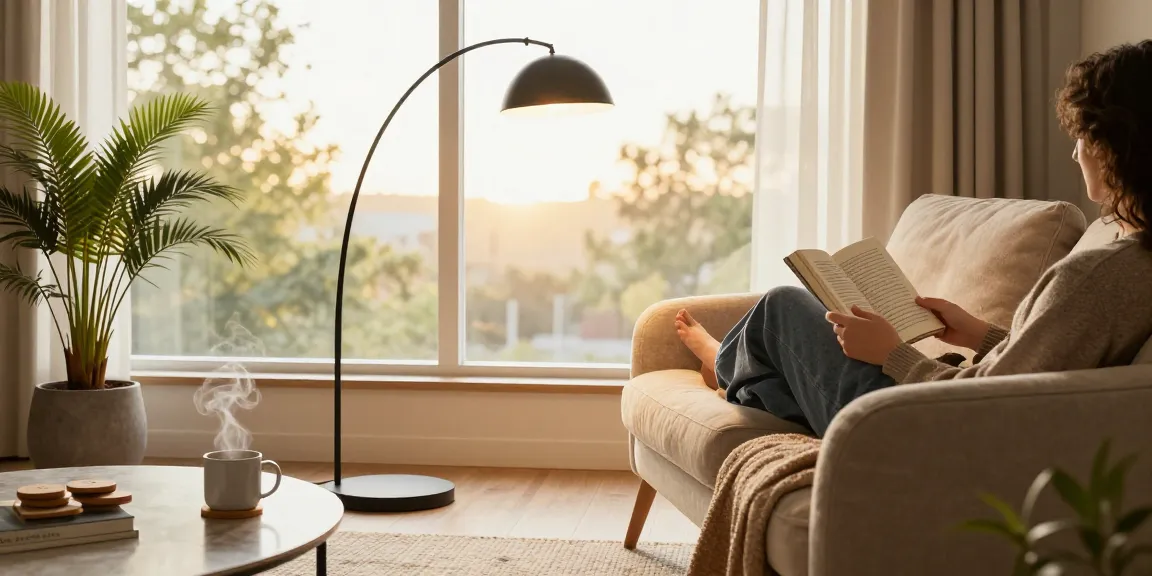 Arc design floor lamp brightening a cozy reading nook with modern decor.