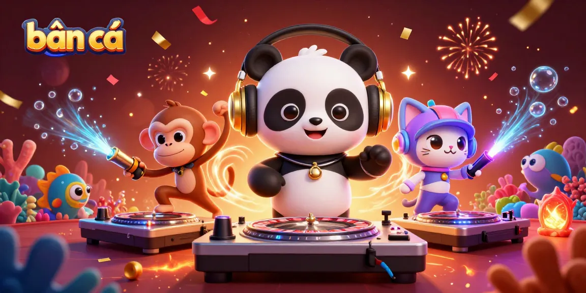 Engage in thrilling bắn cá action with an animated DJ panda, breakdancing monkey, and glowing kitten in a vibrant underwater casino.