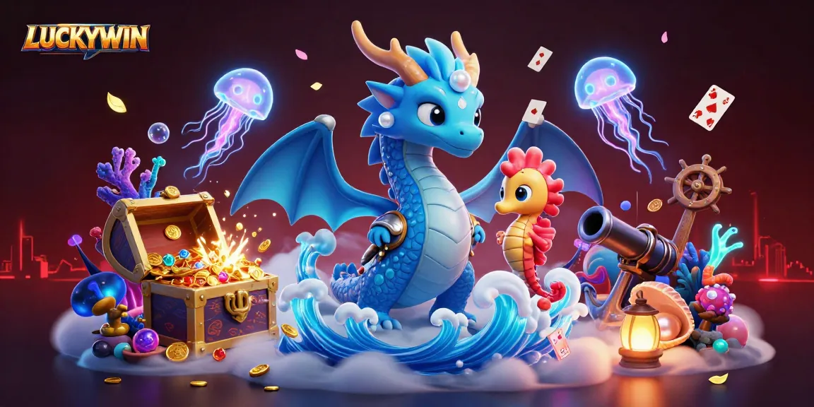 LUCKYWIN showcases a vibrant, captivating underwater casino scene with magical characters and treasures.