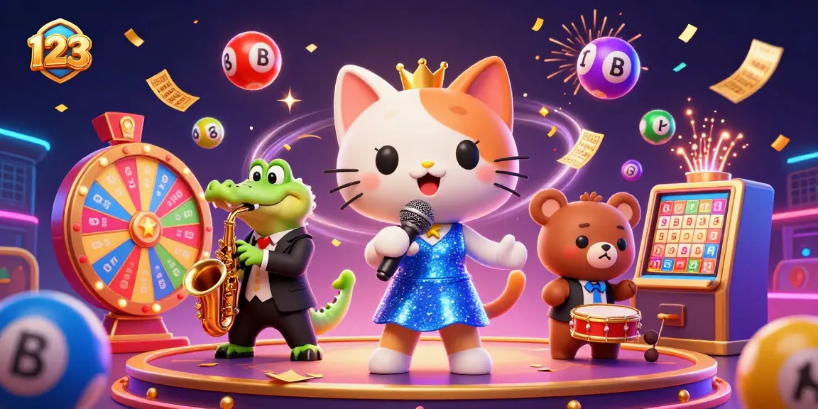 Enjoy the thrills of 123 B with vibrant 3D casino characters and lottery excitement.