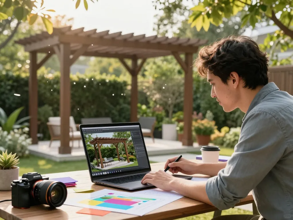 Diseñador utilizando un configurador de pérgolas 3D para crear una pérgola personalizada en un jardín exuberante