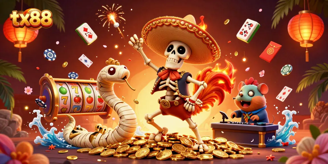 Experience the thrill of tx88 with a festive 3D casino illustration showcasing vibrant characters and dynamic gaming elements.