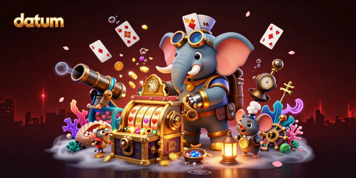 Engage in exciting games at datum's colorful casino, featuring golden slot machines and treasure chests.