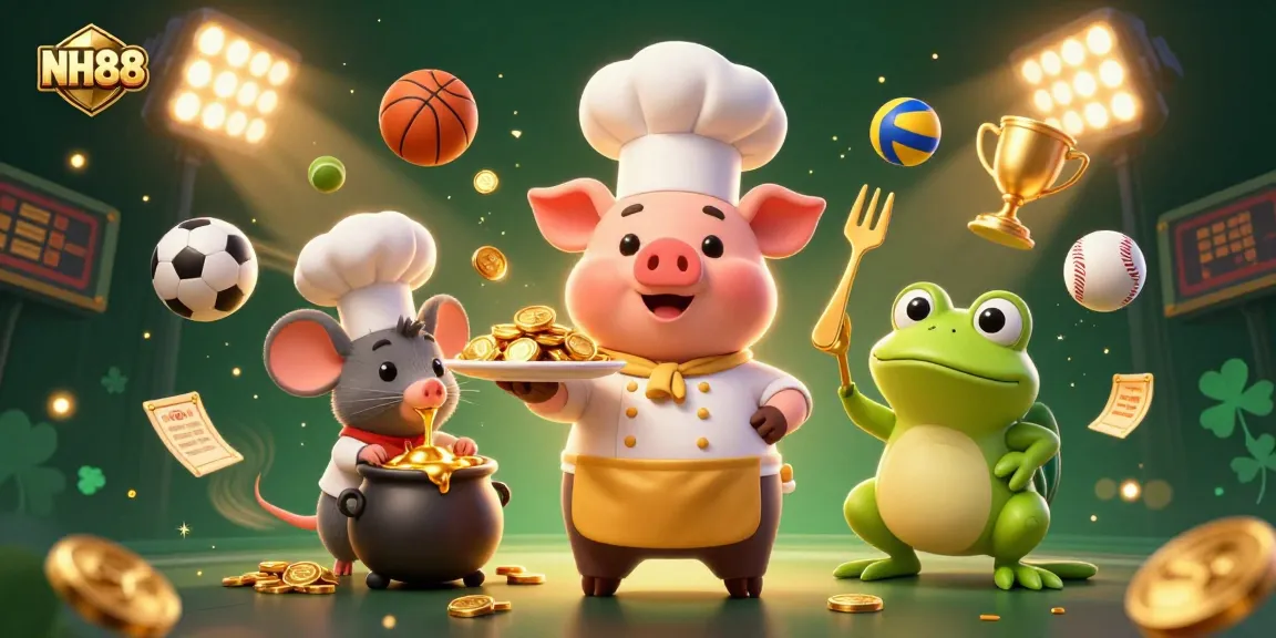 Engage with NH88 for thrilling casino experiences as a chef pig serves gold coins in a vibrant 3D adventure.