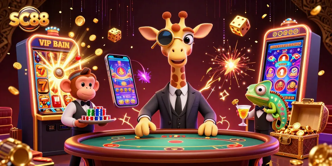 Win big at SC88 with a high-roller giraffe at a luxury poker table and explosive jackpot slots.