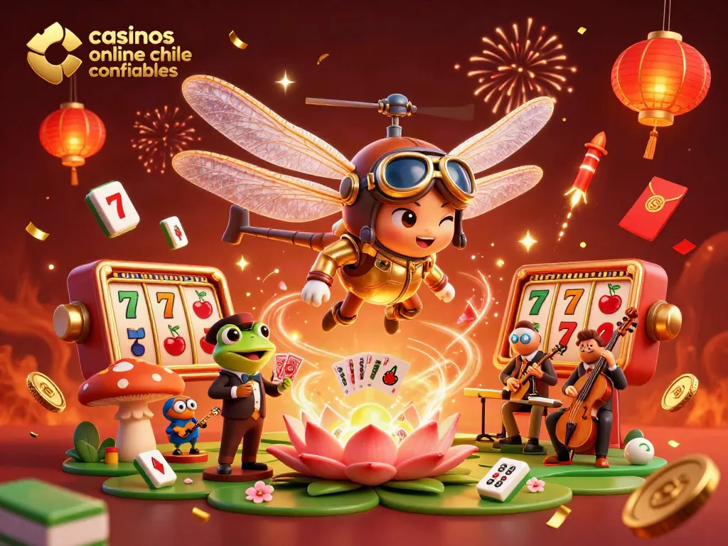 Los mejores casinos online Chile confiables con un piloto de helicóptero libélula y un crupier rana en acción.