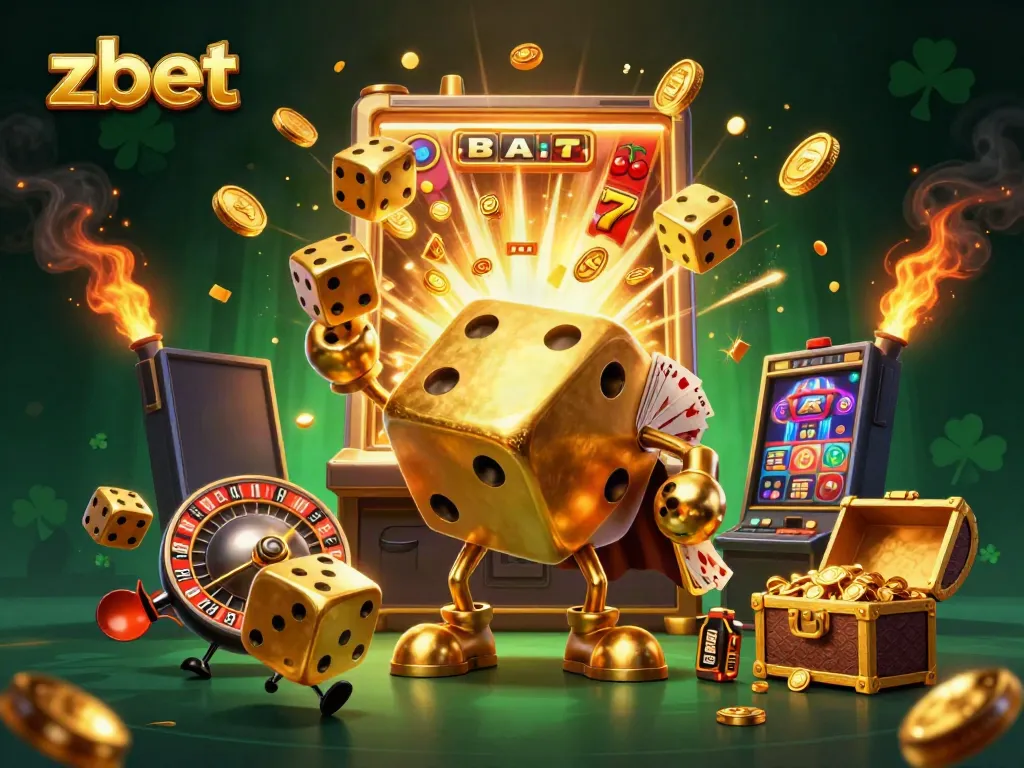 Experience thrilling jackpots at zbet with a vibrant casino scene filled with dice, cards, and slot machines.